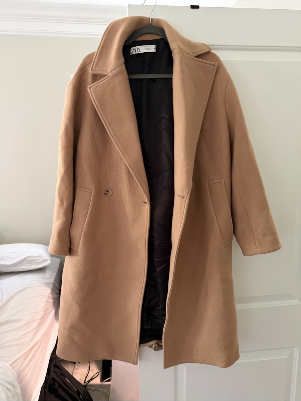 Zara Camel Double-Breasted Wool Trench Coat